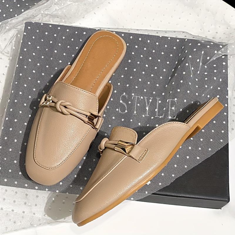 Elegant Beige Slip-On Mules for Women - Casual Square Toe Flat Sandals with Braided Detail, Breathable Faux Cover, Versatile All-Season Footwear 1