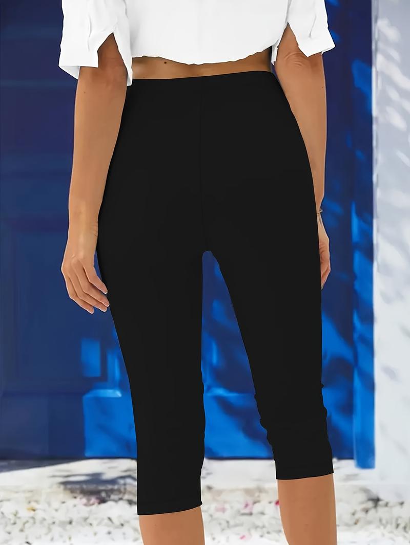 Product Introduction of Plus Size Solid Skinny Capris Leggings, Women's Casual Crop For Spring & Summer 2