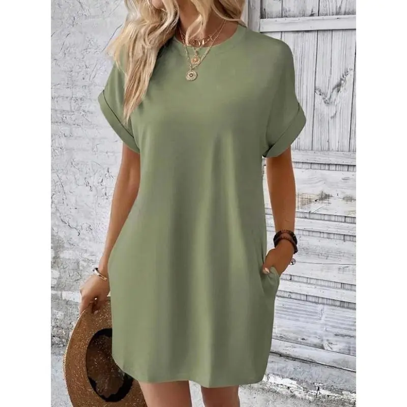 【2025】Fashion Pure Colors Dress Women's Pocket T-shirt Style Mini Dresses Summer Casual Loose Dress Vestidos