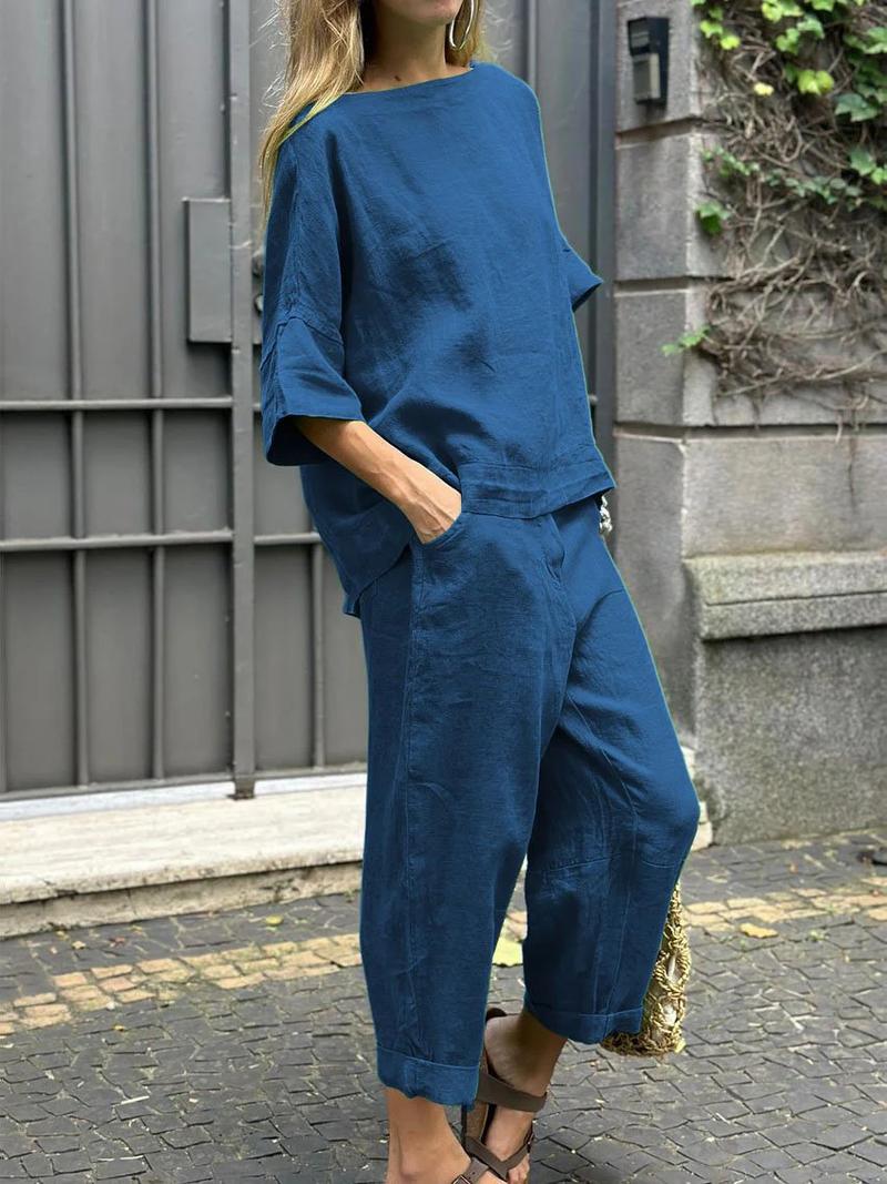 Product Introduction of Fashion Cotton Linen Women Suit Casual Half Sleeve O Neck Top And Loose Pocket Pants 2 Piece Set 2025 Spring Summer Sets Female 5