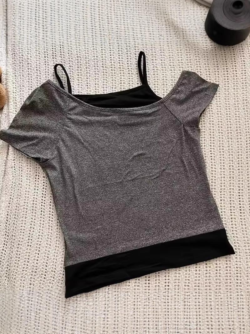 Product Introduction of Y2k Slim Fit Print Tops Women Off Shoulder Short Sleeve Tee Shirt  American Vintage Fake Two Piece Halter Lace Up T-shirts 7