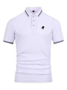 New Business Leisure Embroidered Lapel Polo Shirt, Summer Clothes Horse & Eagle & Deer Animal Embroidered Lapel T-shirt, National Day Clothing, Striped Print Drop Shoulder Short Sleeve Top for Men