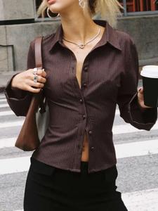 Women's All Over Striped Print Button Front Shirt, Casual Long Sleeve Top for Spring & Fall, Ladies Clothes for Daily Wear, Casual Fashion Shirt