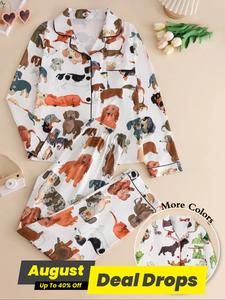 Two-piece Set Women's All Over Dog Print Lapel Neck Button Front Pajama Set, Casual Comfy Long Sleeve Top & Pants Pj Set, Women's Sleepwear for Spring & Fall, Loungewear, Womenswear