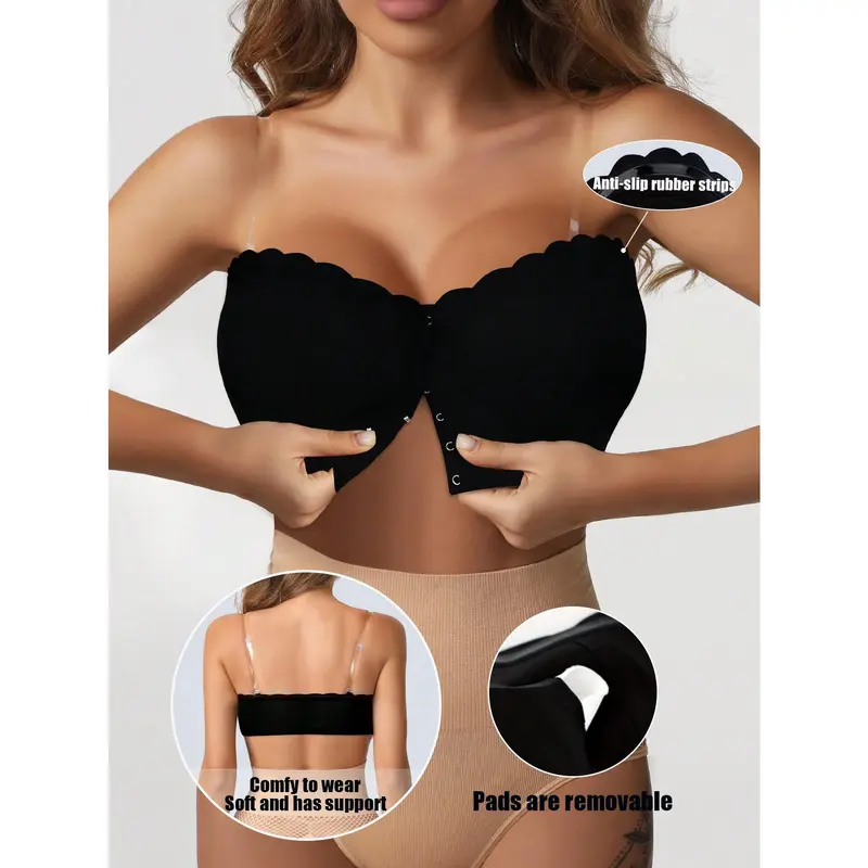 Women Front Closure Strapless Bra Push Up Wireless Sexy Tube Top Removable Padding Adjustable Bandeau Intimates Lingerie Basic Tube Bras Non Slip Silicone Soft Fabric Underwear Transparent Shoulder Straps Comfortable[S12] 1