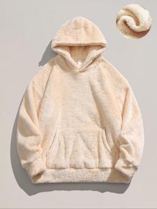 Men's Solid Pocket Thermal Lined Hoodie, Loose Casual Long Sleeve Hooded Pullover for Fall & Winter, Men's Clothes for Daily Wear