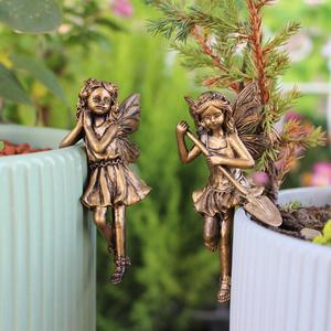 Garden Decorative Fairy Design Ornament, 2 Counts Creative Garden Decoration Pendant, Outdoor Pot Furniture Decoration Imitation Copper Fairy Pendant