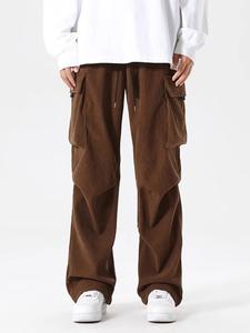 Men's Solid Color Flap Pocket Corduroy Cargo Pants, Loose Casual Comfy Drawstring Waist Trousers for Spring & Fall, Woven Bottoms for Men