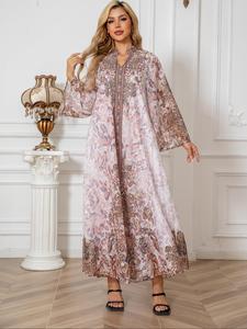 Women's All Over Print Dress, Modest Elegant Long Sleeve Dress for Daily Wear, Ladies Islamic Clothing for All Seasons