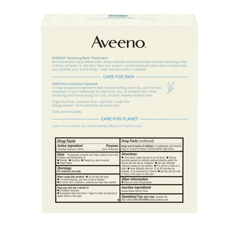 Aveeno Fragrance Free Soothing Bath Treatment, 100% Natural Colloidal Oatmeal, Sensitive Skin Bath Soak for Relief of Dry, Itchy, Irritated Skin Due to Eczema & Hives, Bath Packets, 8 ct. 1