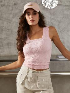 Sporty Women's Solid Color Jacquard Square Neck Sports Fitness Vest, Casual Sport Sleeveless Tank Top for Summer Yoga Workout Exercise, Ladies Sportswear for Indoor Outdoor Wear