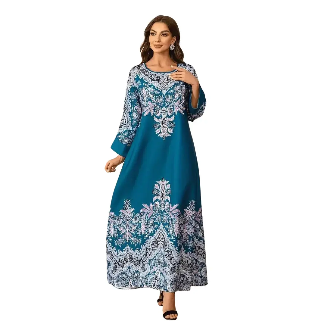 Printed Long Kaftan Dress - Long Sleeved, Round Neck With Bead Embellishment