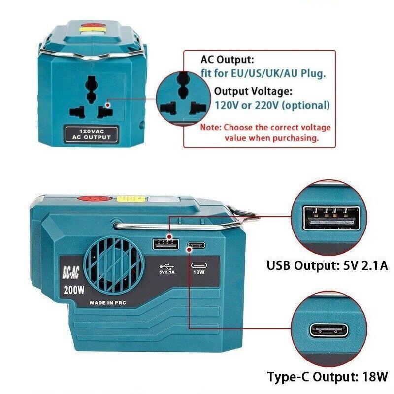 Product Introduction of Makita 18V Battery to AC 220V Portable Power Inverter with LED Light - 200W 19