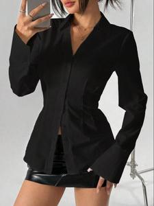 Women's Solid Button Front Blouse, Elegant Long Sleeve Top for Spring & Fall, Ladies Clothes for Work Office Business