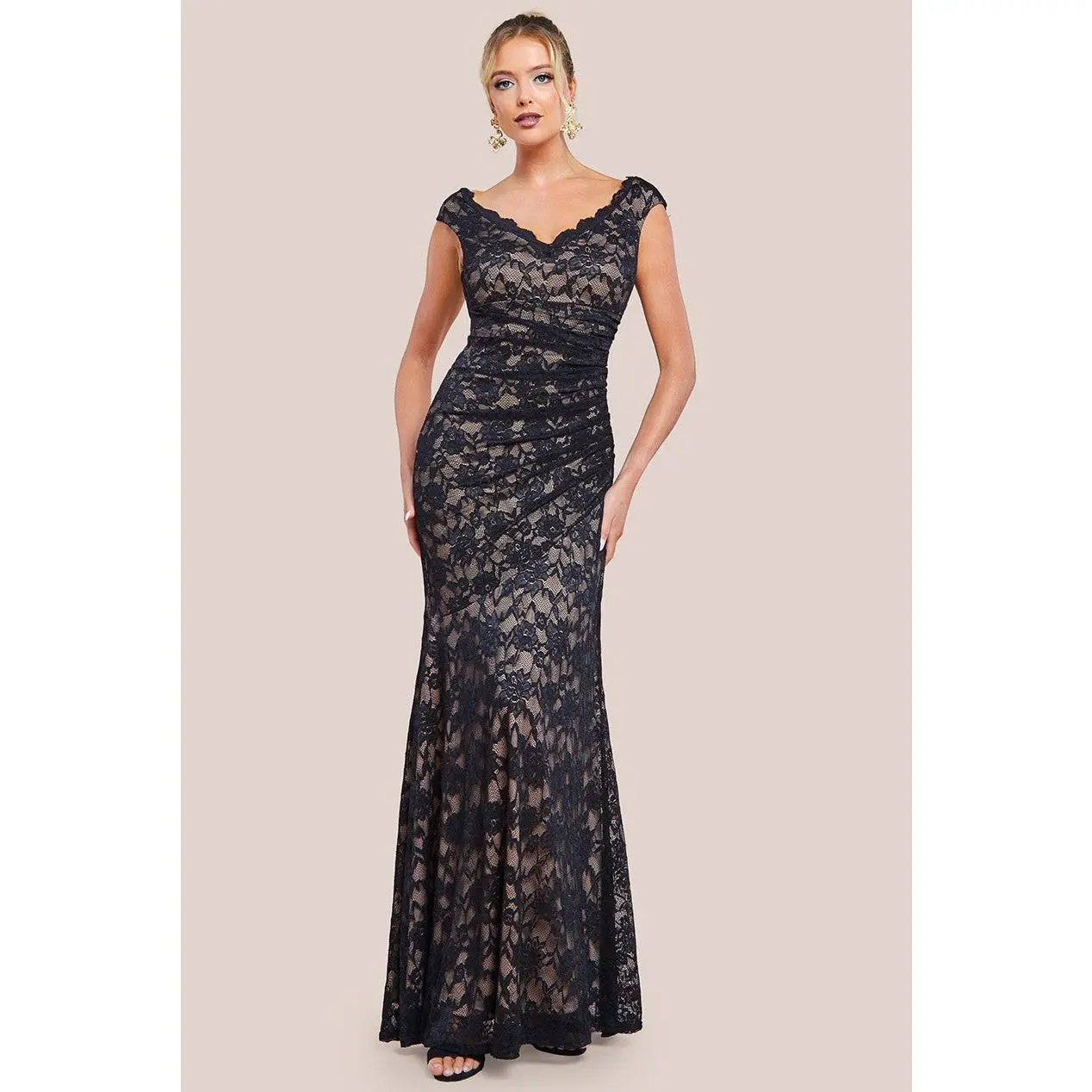 Goddiva Off The Shoulder Scalloped Neck Maxi Dress - Black