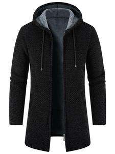 Men's Solid Zip Up Drawstring Hooded Coat, Regular Fit Casual Long Sleeve Pocket Thermal Lined Outerwear for Fall & Winter, Men's Clothes for Daily Wear