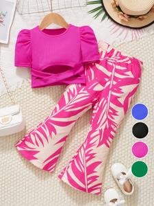 Girl's Plain Top & Flare Leg Pants Two-piece Set, Casual Fashion Short Sleeve Top & Bell Bottom Trousers for Daily Outdoor Wear, Kids Clothing for Summer