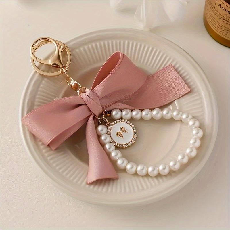 Elegant Large Bow & Pearl Keychain - Chic Pastel Ribbon Tassel Accessory with Golden-Tone Clasp for Bags & Earphone Cases, Ideal Mother's Day Gift 9