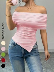 Women's Solid Color Off the Shoulder Tee, Street Fashion Casual T-shirt for Daily Wear, Ladies Clothes for Summer