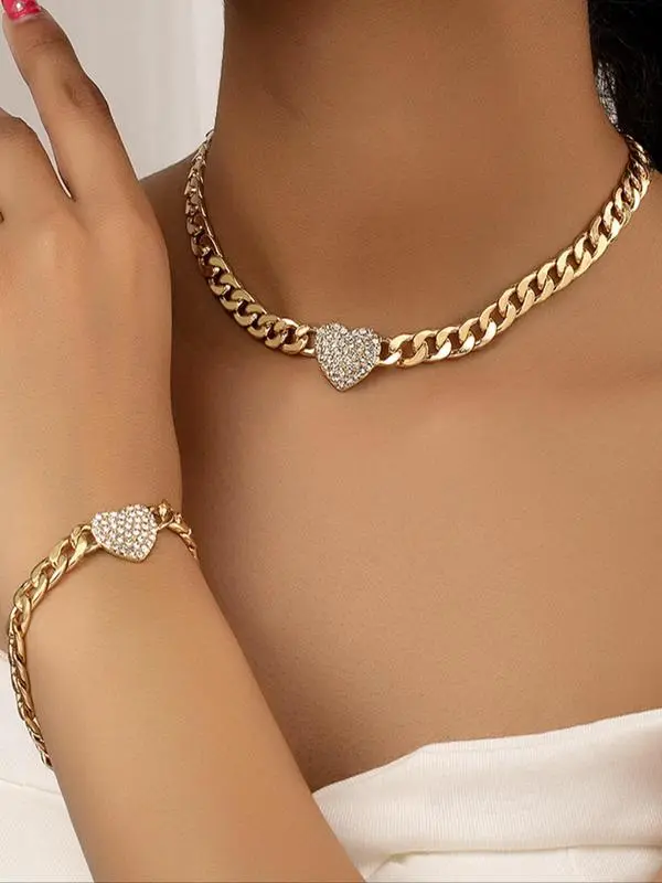 Women's Elegant Rhinestone Decorated Heart Design Necklace & Bracelet Set, Exquisite Trendy Chain Design Jewelry Set, Fashionable Jewelry Set As Gift for Women Gifts For Girlfriend, Valentine's Day, Gift 2