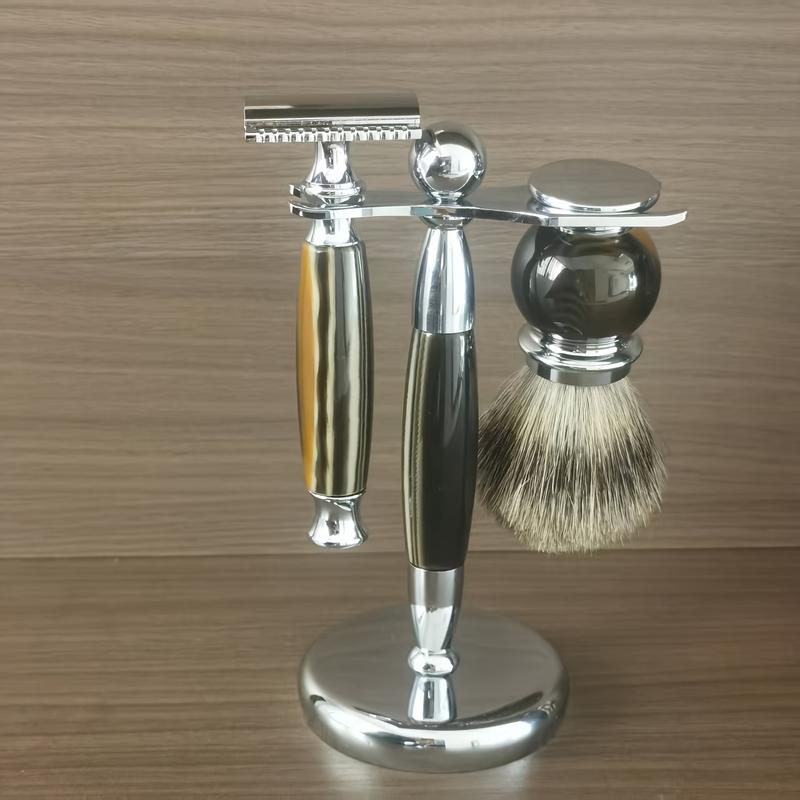 Good Oasis  A Pack of 3 Premium Shaving Items: Razor, Badger Hair Brush, and Metal Stand. Great for Flawless Beard and Mustache Grooming, Enabling Sleek Shaving and a Smooth Finish to Enhance Your Beard Styling Game. 2