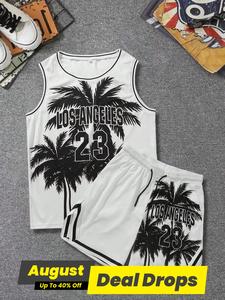 Men's Letter Print Basketball Vest & Shorts Set, Regular Fit Street Basketball Sleeveless Top & Track Shorts, Summer Clothes Set for Men, Activewear, Sportswear Clothing, Gym Workout Tops, Workout Sets
