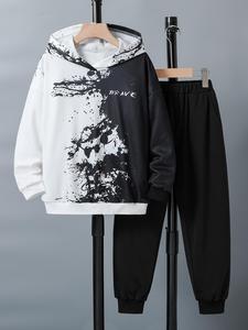 Boy's "BRAVE" Print Colorblock Hooded Sweatshirt & Drawstring Pants Set, Letter Print Long Sleeve Hoodie & Elastic Waist Pants, Fashion Kid's Two-Piece Outfits