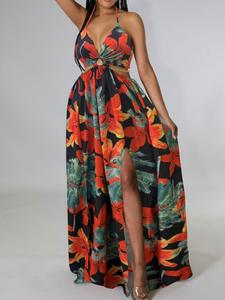 Women's Ditsy Floral Print Backless Halter Neck Dress, Boho Fashion Casual Chiffon Dress for Beach Holiday Vacation, Ladies Summer Clothes