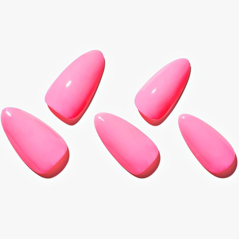 GLAMERMAID Press on Nails Medium Almond, Spring Summer Handmade Hot Pink Gel Glue on Nail, 24Pcs Glossy Short Stiletto Reusable UV Finish Fake Nails Acrylic False Nails Manicure Kits for Women 1