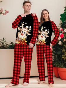 Couple's Christmas Themed Reindeer & Plaid Print Raglan Sleeve Pajama Set, Casual Comfy Long Sleeve Top & Elastic Waist Pants PJ Set, Valentine's Day Gift, Couple's Sleepwear for Spring & Fall