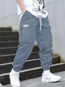 Boy's Letter & Figure Patched Drawstring Cargo Pants, Casual Elastic Waist Flap Pocket Trousers for Outdoor Hiking, Kids Bottoms for All Seasons