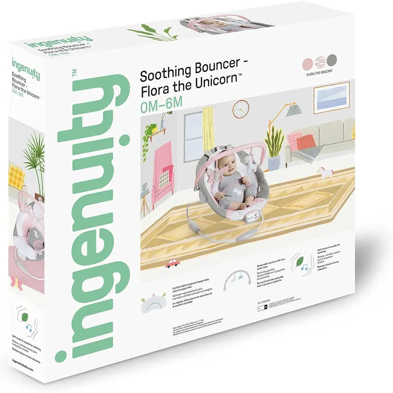 Ingenuity, Cradling Baby Bouncer Seat Flora the Unicorn, Ultra-Plush Padded Chair with Vibration and Melodies, Removable Toy Bar, Ages Newborn 7