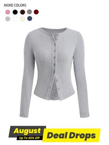 Women's Plain Button Front Ribbed Basic Knit Tee, Casual Longsleeves Round Neck T-shirt for Spring & Fall, Women's Top for Daily Wear, Womenswear, Lady