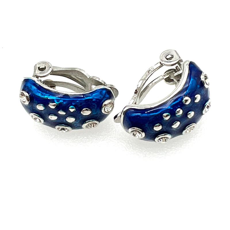 Vintage Half Hoop Wide Blue Enamel Clip On Earrings 2