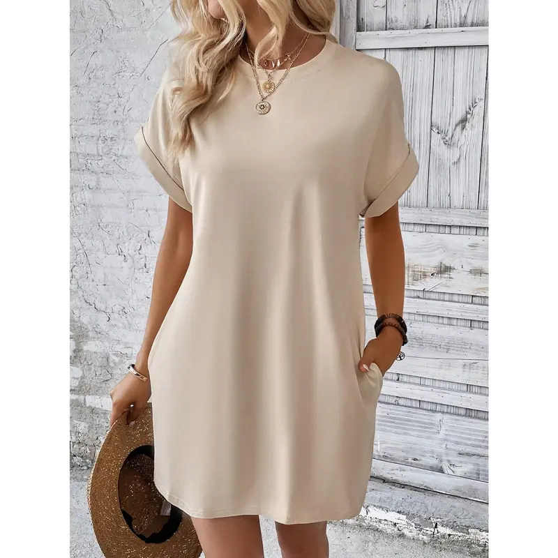 INAWLY Solid Batwing Sleeve Hidden Pocket Tee Dress Casual Womenswear Summer Comfort Apricot Basic Minimalist Shortsleeve 0