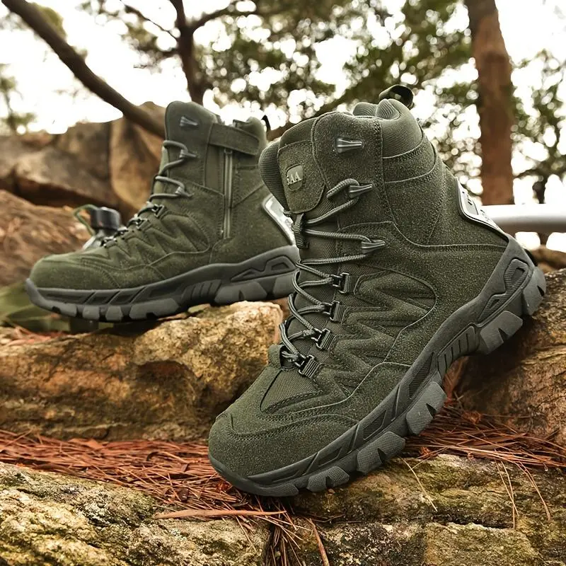 Men'S High-Top Work Boots, Off-Road Hiking Shoes - Olive Green, TPR Sole, Lace-Up with Side Zipper, EVA Cushion, All-Season Outdoor Footwear, Hiking Gear | Zipper Closure Boots | Durable Construction 3