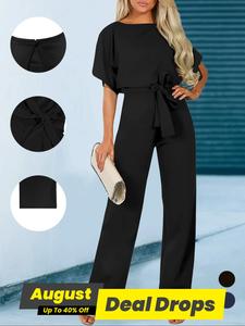 Women's Plain Cut Out Adjustable Tie Front Batwing Sleeve Jumpsuit, Lady Casual Fitted Chic Style Simple Short Sleeve Straight Leg Jumpsuit for Summer, Fashion Women's Clothing for Daily Wear, Summer Clothes, Womenswear