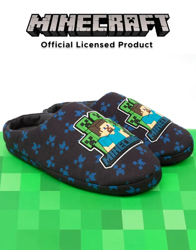 Vanilla Underground x Minecraft Boys Blue Creeper Zombie Sequin Applique Slip On Loafer Slippers 2