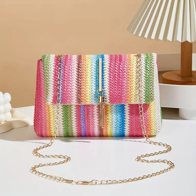 Chic and Elegant Rainbow Stripe Straw Crossbody Bag for Women - Adjustable Shoulder Strap, Magnetic Closure, Tassel Accent, Fashionable Square Purse 5