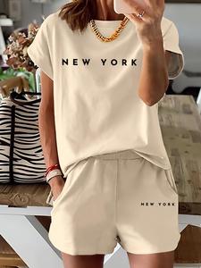 Women's Letter Print Shortsleeve Tee & Shorts Two-piece Set, Casual Fitted Round Neck Short Sleeve T-shirt & Shorts, Summer Outfits Clothes Set for Ladies Outdoor, Womenswear, Two Piece Set Women, Cozy Lounge Set, Beach Outfits Set, Shorts Sets Outfits