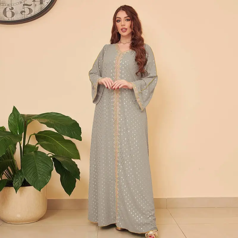 Muslim Abaya Gold Embossed Simple Lace Slim Fit Dubai Women's Dress 2
