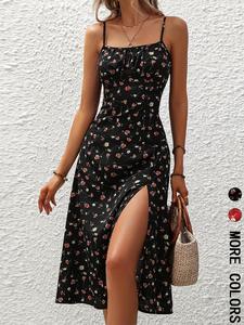 Women's Floral Print  Cami Dress, Boho Sleeveless Split Hem  Dress for Beach Holiday Vacation, Ladies Summer Clothes