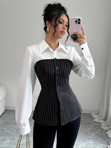 Women's Colorblock Striped Print Shirt, Elegant Bishop Sleeve Top for Summer, Ladies Clothes for Daily Wear