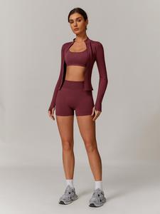 Women's Solid Crop Coat & Backless Bra & High Waist Shorts Tracksuit Set, Casual Sporty Breathable Comfy for Yoga Gym Workout Running, Ladies Sportswear for All Seasons