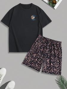 Two-Piece Set Men's Palm Tree Print Short Sleeve Tee & Leopard Print Shorts, Loose Casual Round Neck T-shirt & Track Shorts, Summer Clothes Set for Men