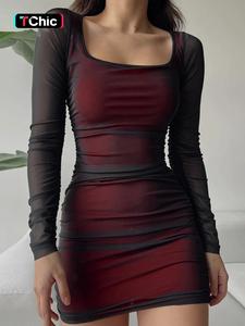 Women's Contrast Mesh Sheer Ruched Longsleeves Bodycon Dress, Chic Elegant Fit Style Formal Slim Square Neck Mini Dress for Party Club Dating Wear, Wedding Guest Dress 2025, Lady Summer Dresses, Curvy Clothing, Womenswear