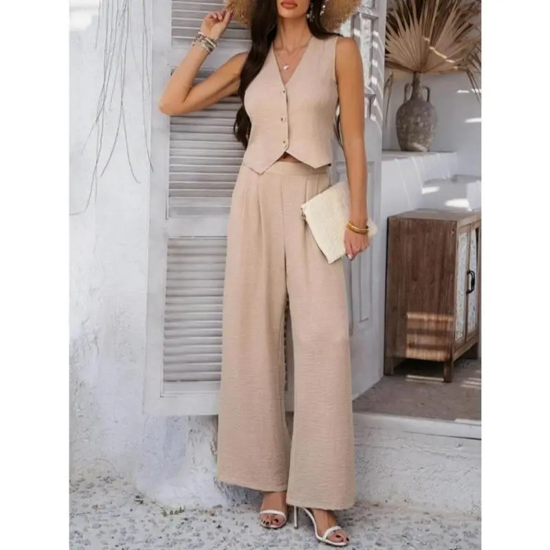 Two-piece Set Women's Solid Color Tank Top & Wide Leg Pants, Casual Fashion Cozy for Daily Outdoor Wear, Office Siren Outfits, Ladies Clothes for Summer