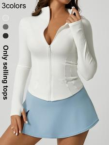 Women's Solid Color Thumb Holes Design Top-Stitching Zip Up Sports Jacket, Sporty Comfortable Breathable Long Sleeve Strand Collar Jacket for Gym Workout Running, Ladies Sportswear for All Seasons