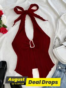 Women's Solid Color Tie Back Fitted Tank, Casual Sleeveless Asymmetrical Hem Top for Summer, Women's Clothes for Daily Wear, Burgundy Chic Halter Tops, Womenswear