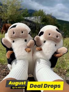 Women's Cute Cozy Fuzzy Plush Cow Slippers, Matching Soft Comfortable Fluffy House Slippers, Warm Slippers for Indoor & Outdoor Use for Fall and Winter, Footwear